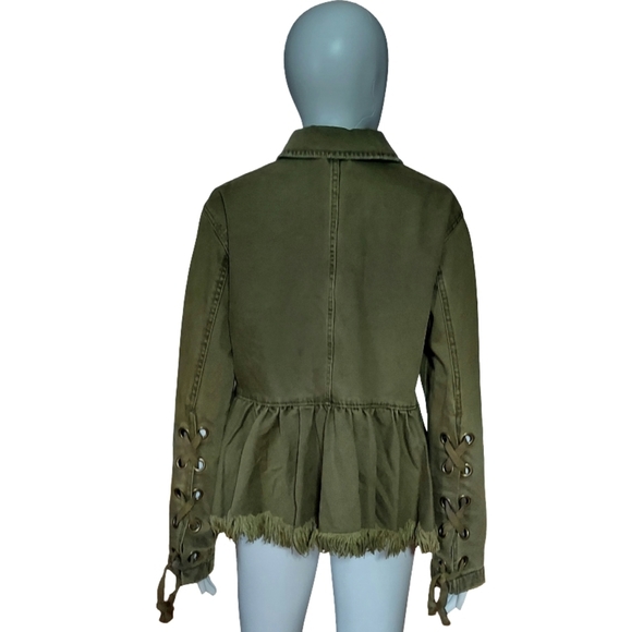 Free People Willow Frayed Hem Peplum Denim Jacket In Moss - Picture 6 of 16